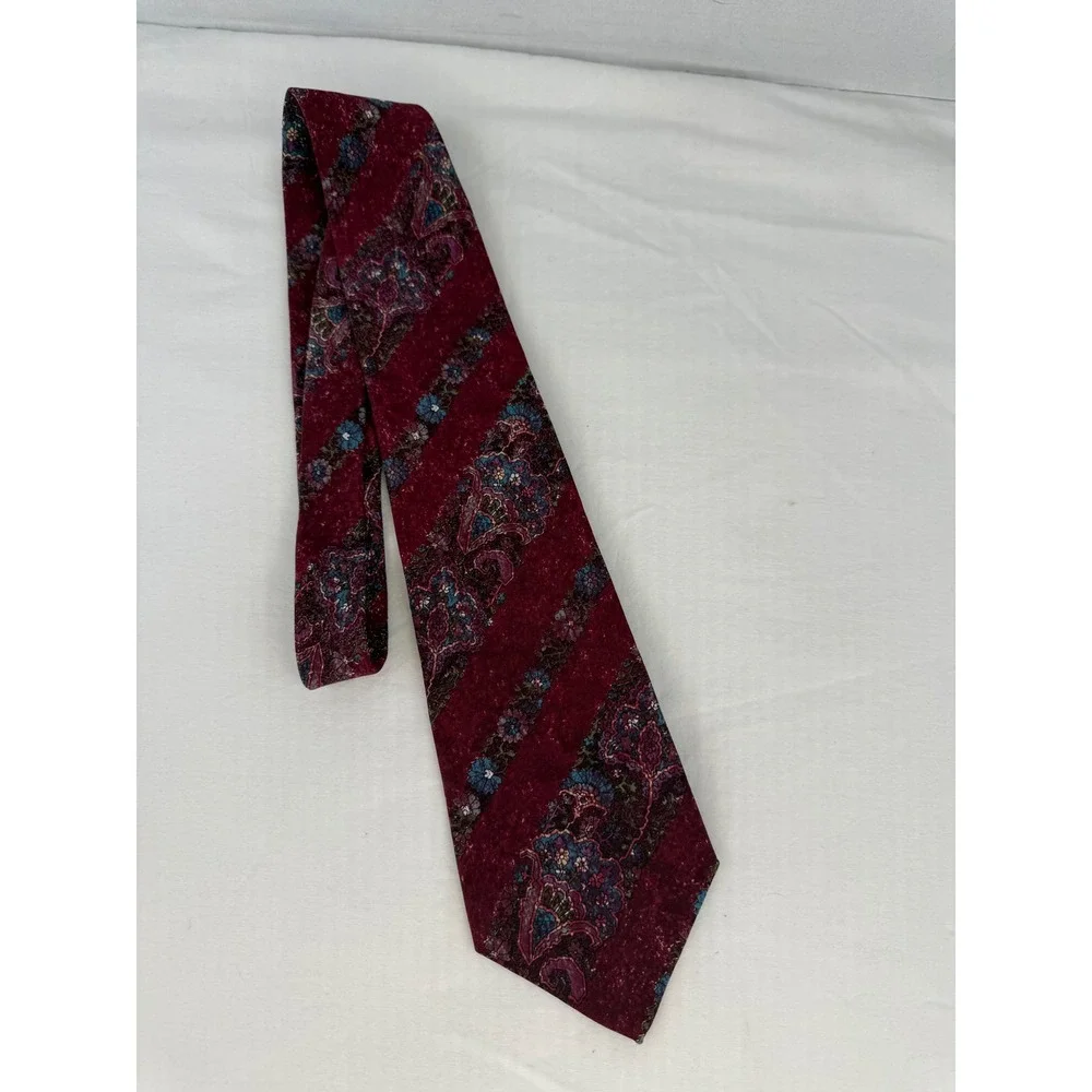 Le Bil's Mens Silk‎ Tie Burgundy Paisley Floral Striped Made in USA Necktie